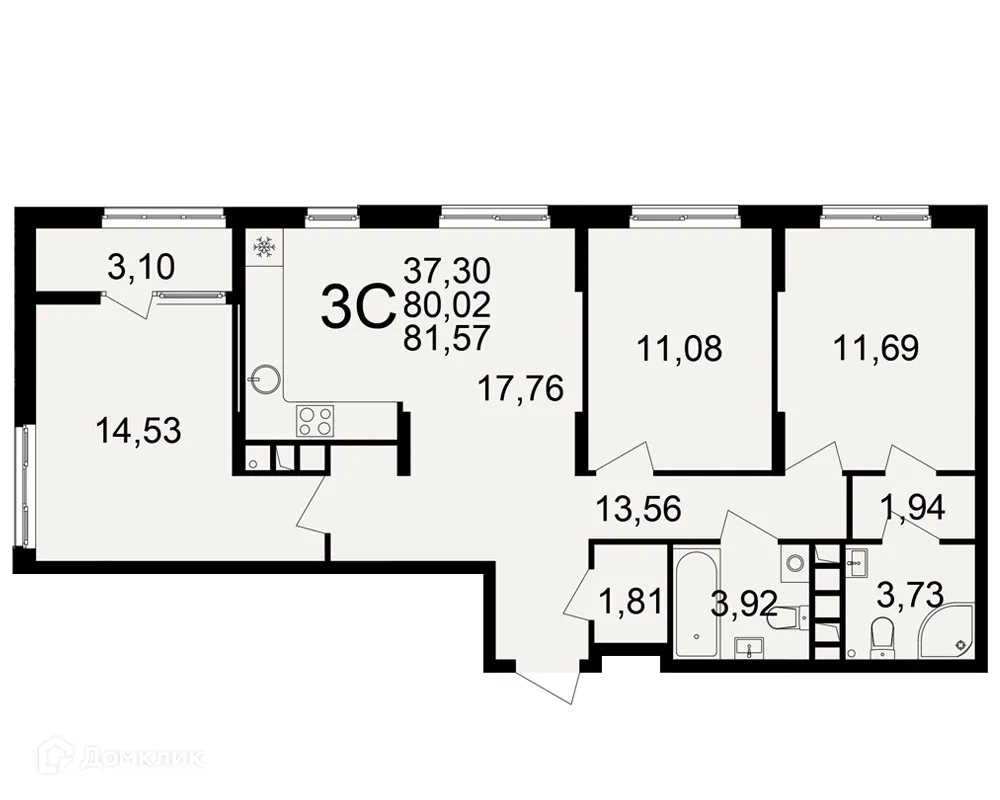 Планировка 3-комнатной квартиры 81.57 м² в Импульс, г. Рязань — фото 1