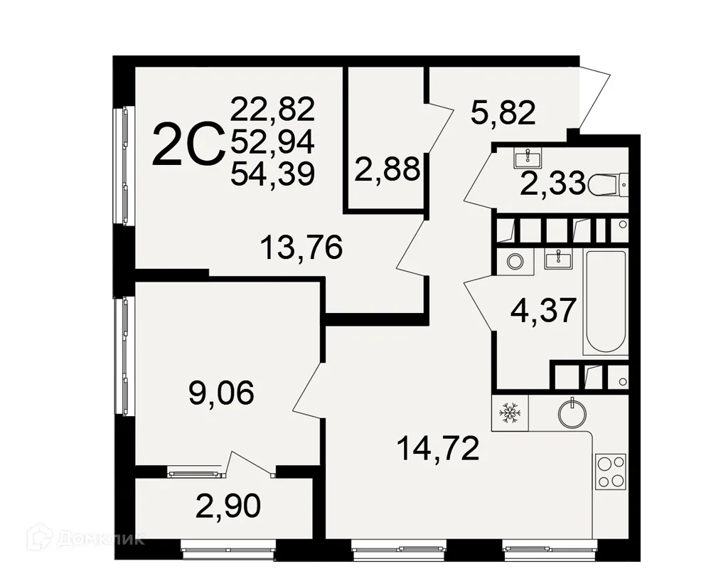 Планировка 2-комнатной квартиры 54.39 м² в Импульс, г. Рязань — фото 1