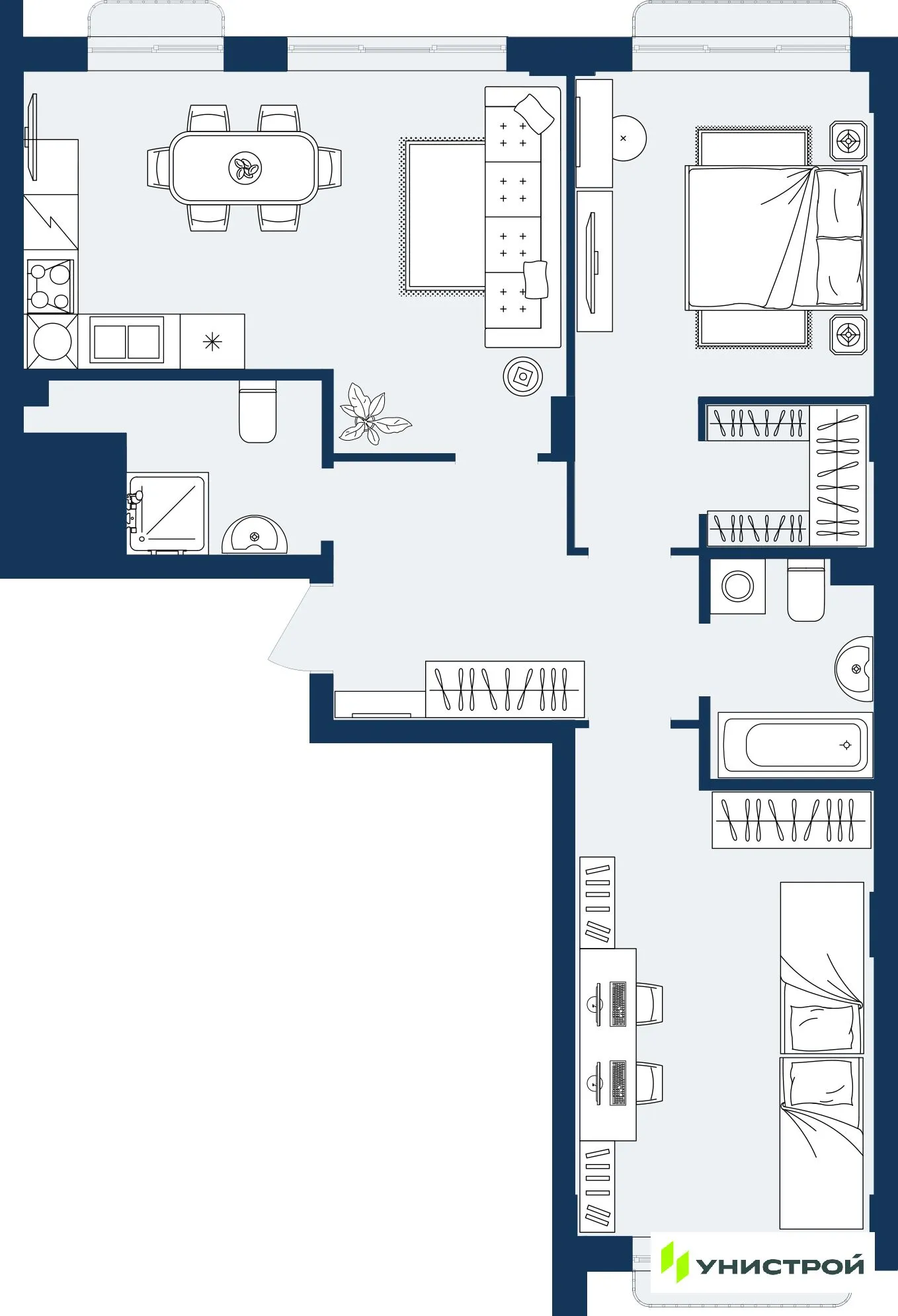 Планировка 2-комнатной квартиры 73.69 м² в ЖК ГРАНД БЕРЕГ, г. Махачкала — фото 1