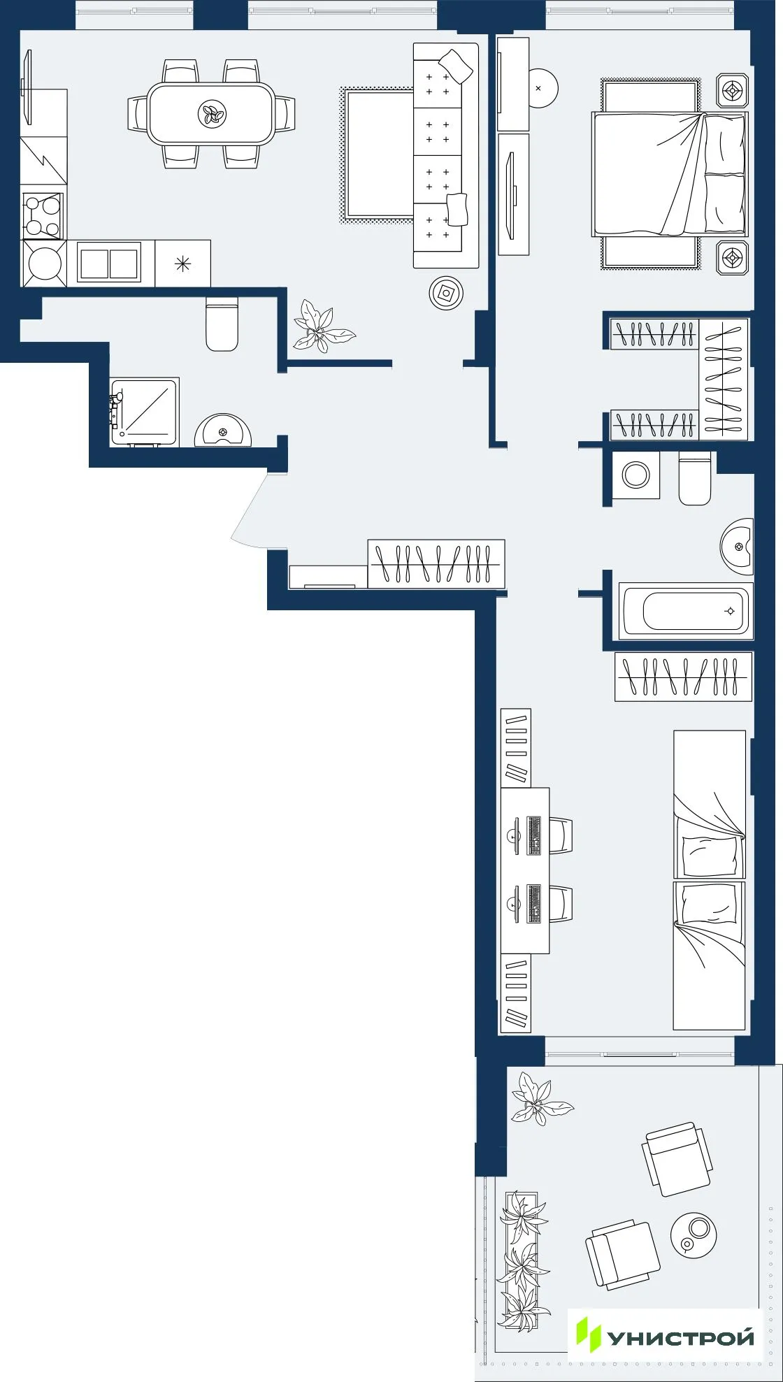 Планировка 2-комнатной квартиры 77.23 м² в ЖК ГРАНД БЕРЕГ, г. Махачкала — фото 1