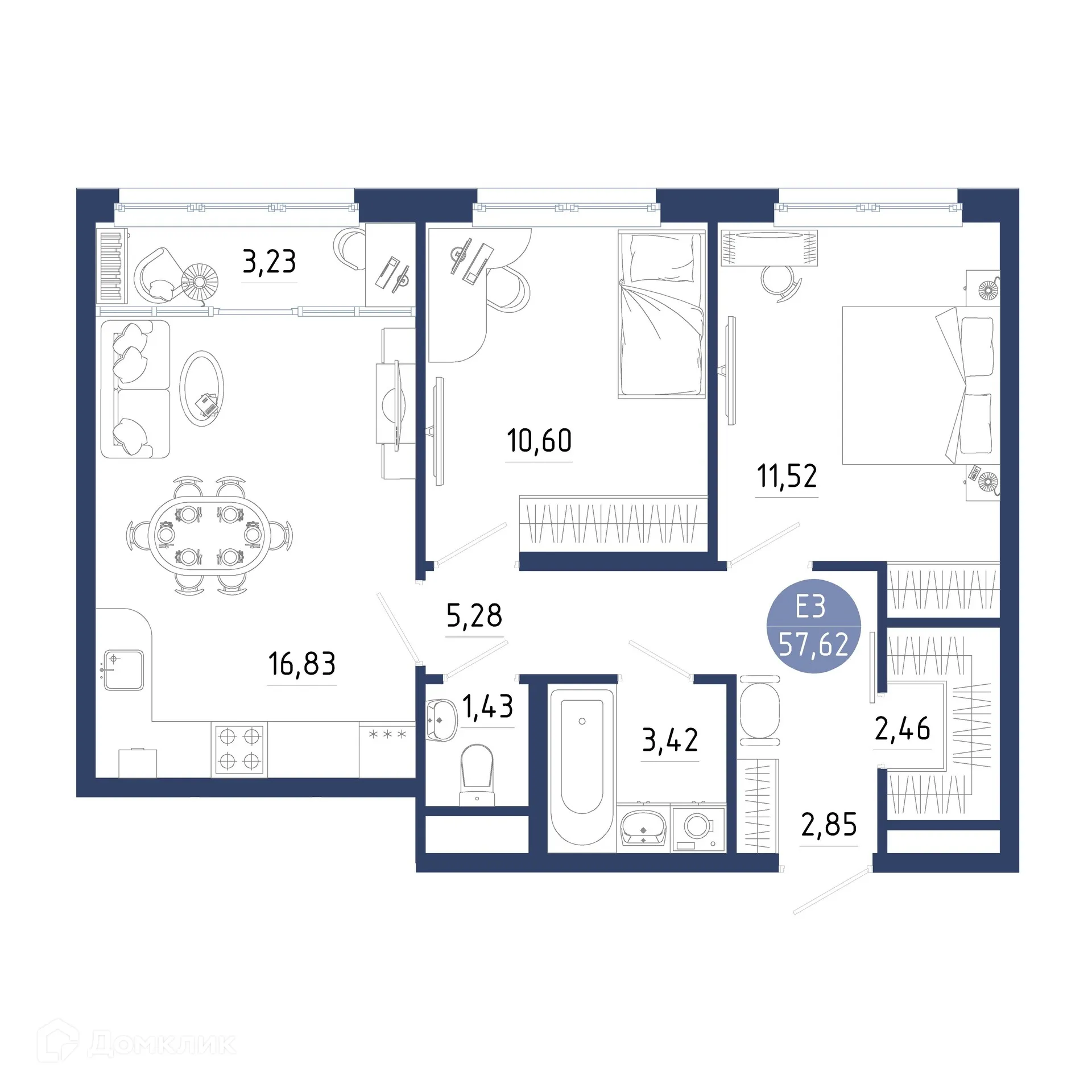 Планировка 2-комнатной квартиры 57.62 м² в ЖК Бульвар оптимистов, г. Дядьково — фото 1