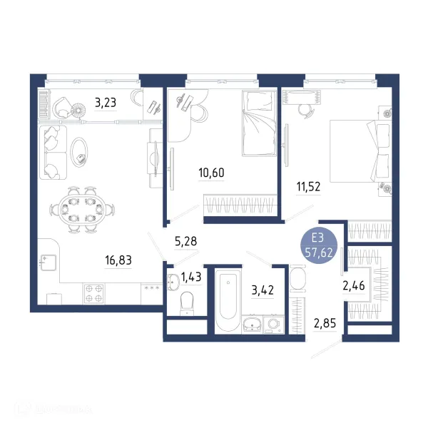 Планировка 2 комн. в ЖК Бульвар оптимистов