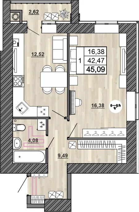 Планировка 1-комнатной квартиры 45.09 м² в Сокол, г. Рыбное — фото 1