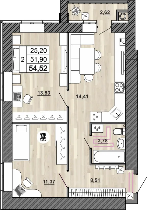 Планировка 2-комнатной квартиры 54.52 м² в Сокол, г. Рыбное — фото 1