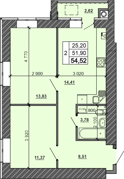 Планировка 2-комнатной квартиры 54.52 м² в Сокол, г. Рыбное — фото 3