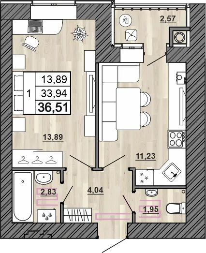 Планировка 1-комнатной квартиры 36.51 м² в Сокол, г. Рыбное — фото 1