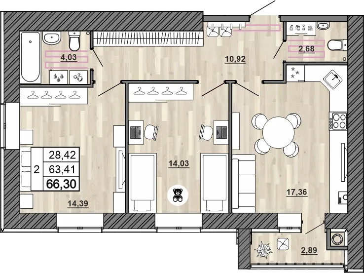 Планировка 2-комнатной квартиры 66.3 м² в Сокол, г. Рыбное — фото 1