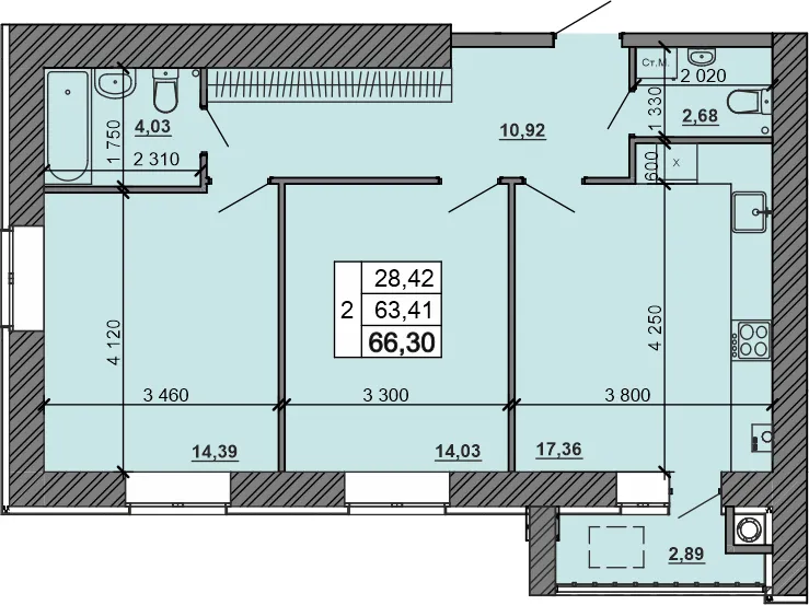 Планировка 2-комнатной квартиры 66.3 м² в Сокол, г. Рыбное — фото 3