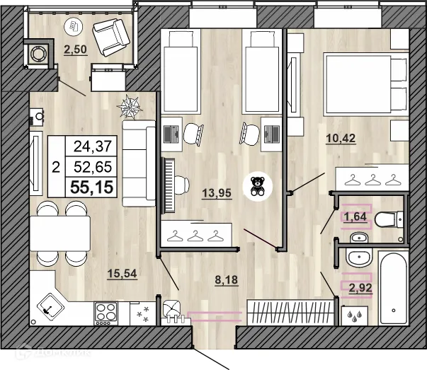 Планировка 2-комнатной квартиры 55.15 м² в Сокол, г. Рыбное — фото 1