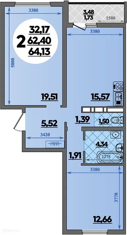 Планировка 2-комнатной квартиры 64.13 м² в ЖК Предгорье Лаго-Наки, г. Майкоп — фото 1