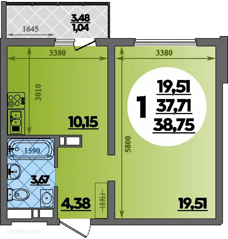 Планировка 1-комнатной квартиры 38.75 м² в ЖК Предгорье Лаго-Наки, г. Майкоп — фото 1