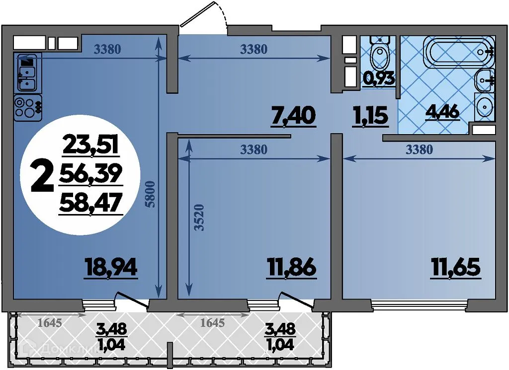 Планировка 2-комнатной квартиры 58.47 м² в ЖК Предгорье Лаго-Наки, г. Майкоп — фото 1