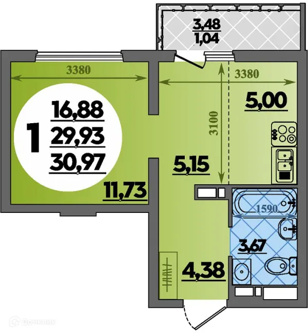Планировка Студия в ЖК Предгорье Лаго-Наки