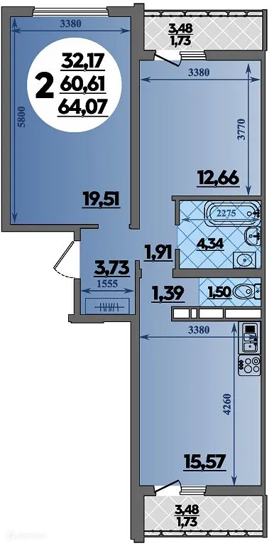 Планировка 2-комнатной квартиры 64.07 м² в ЖК Предгорье Лаго-Наки, г. Майкоп — фото 1