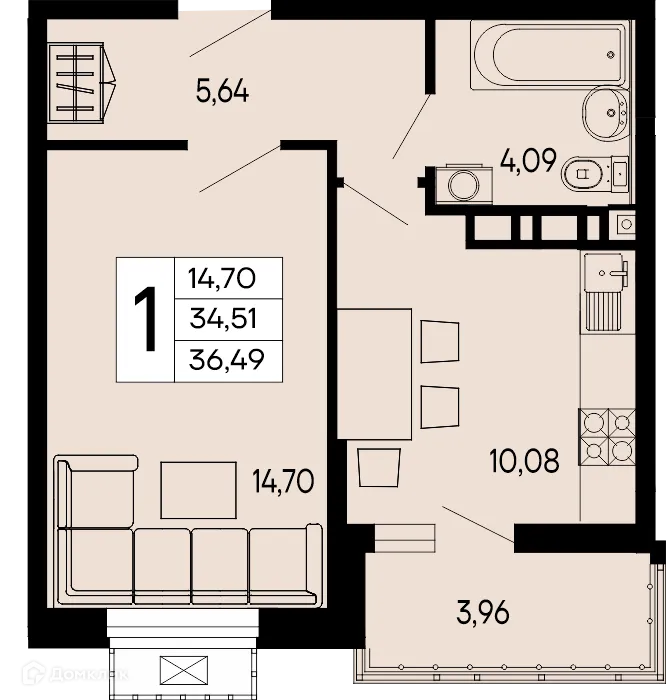 Планировка 1-комнатной квартиры 36.49 м² в "Эпос", г. Майкоп — фото 1