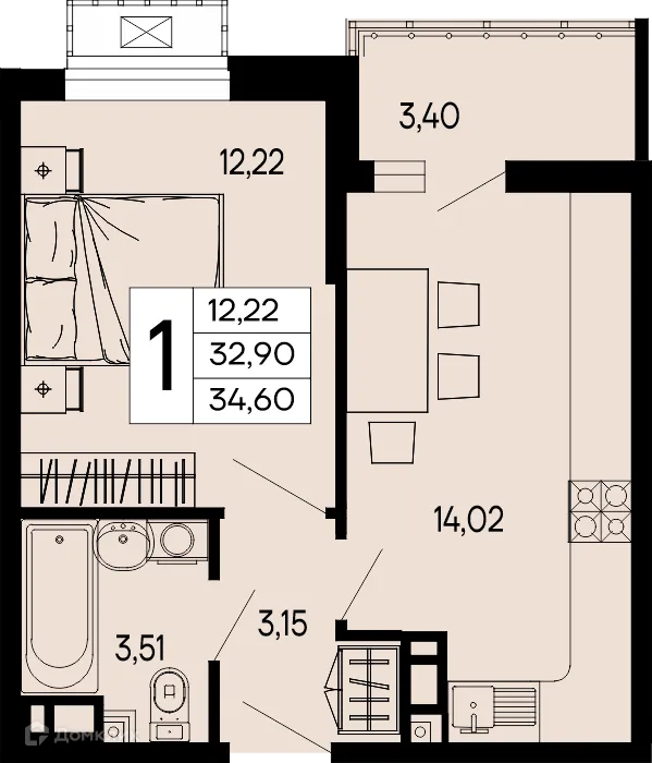 Планировка 1-комнатной квартиры 34.6 м² в "Эпос", г. Майкоп — фото 1