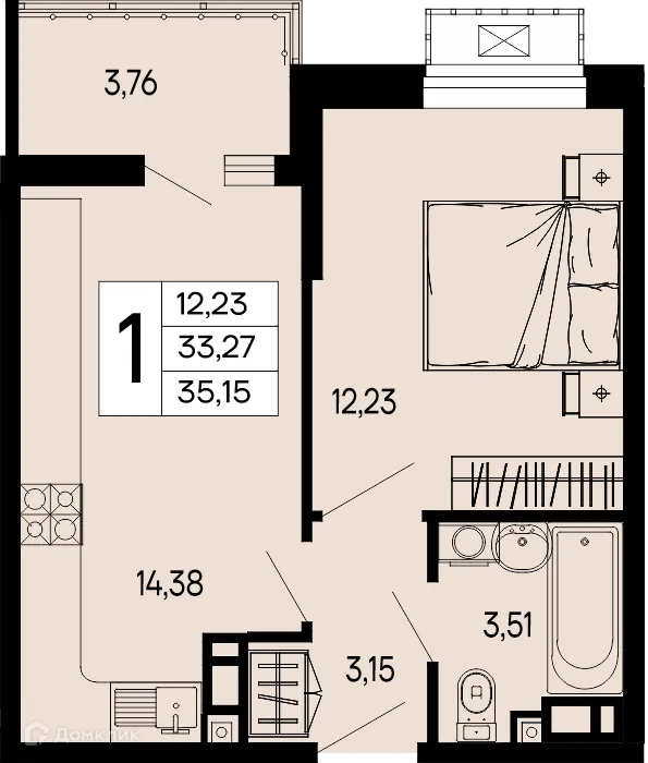 Планировка 1-комнатной квартиры 35.15 м² в "Эпос", г. Майкоп — фото 1