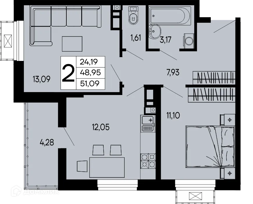 Планировка 2-комнатной квартиры 51.09 м² в "Эпос", г. Майкоп — фото 1