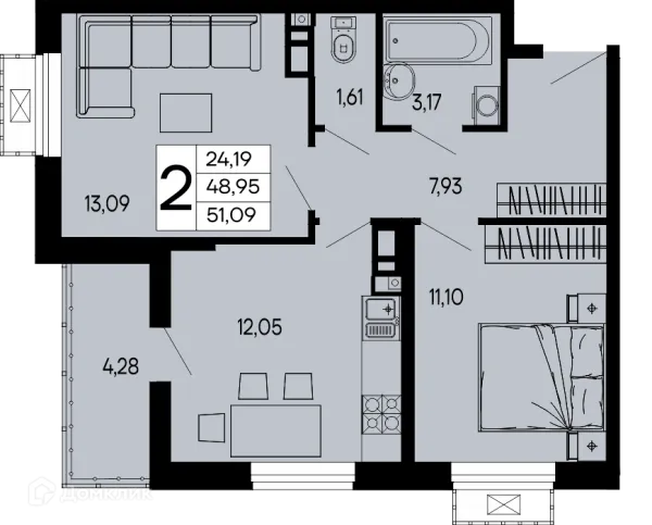 Планировка 2 комн. в "Эпос"