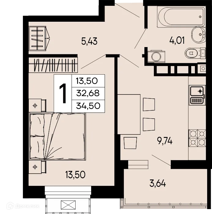 Планировка 1-комнатной квартиры 34.5 м² в "Эпос", г. Майкоп — фото 1