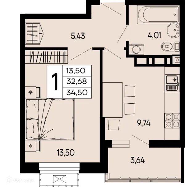 Планировка 1 комн. в "Эпос"