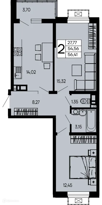 Планировка 2-комнатной квартиры 56.41 м² в "Эпос", г. Майкоп — фото 1