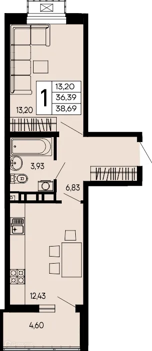 Планировка 1-комнатной квартиры 38.69 м² в "Эпос", г. Майкоп — фото 1