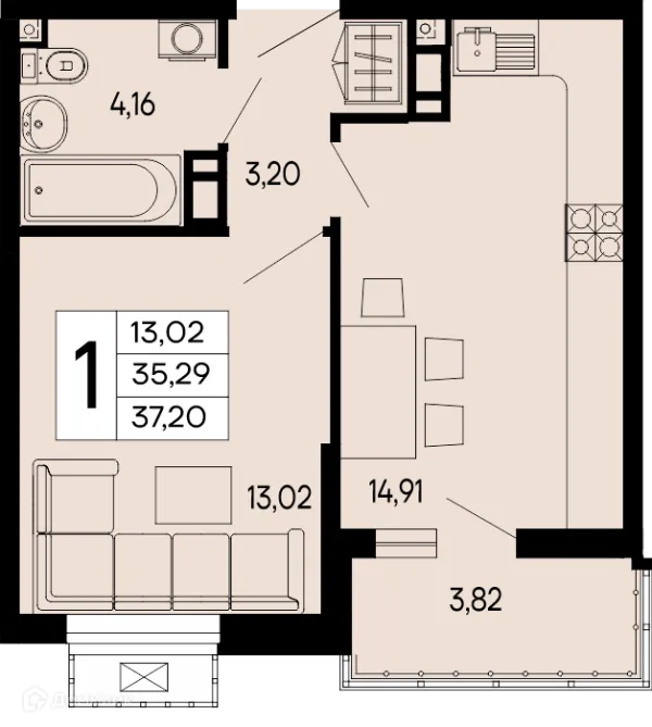Планировка 1 комн. в "Эпос"
