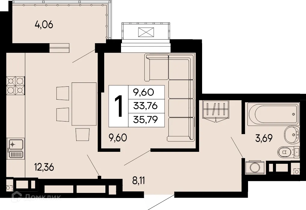 Планировка 1-комнатной квартиры 35.79 м² в "Эпос", г. Майкоп — фото 1