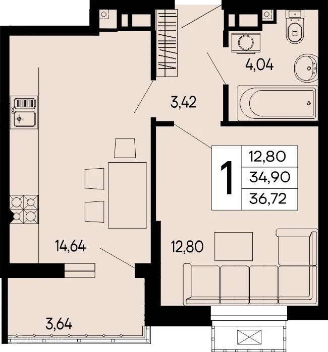 Планировка 1-комнатной квартиры 36.72 м² в "Эпос", г. Майкоп — фото 1