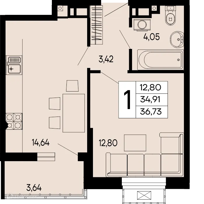 Планировка 1-комнатной квартиры 36.73 м² в "Эпос", г. Майкоп — фото 1