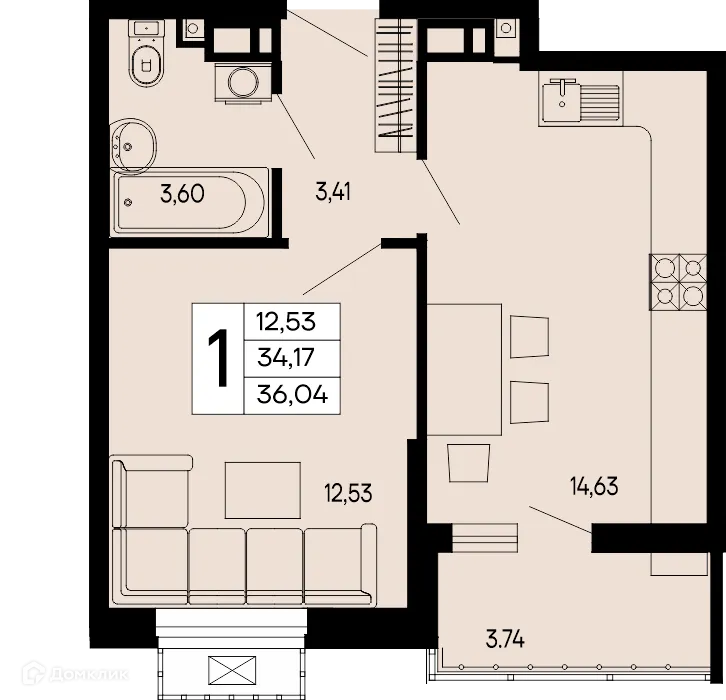 Планировка 1-комнатной квартиры 36.04 м² в "Эпос", г. Майкоп — фото 1
