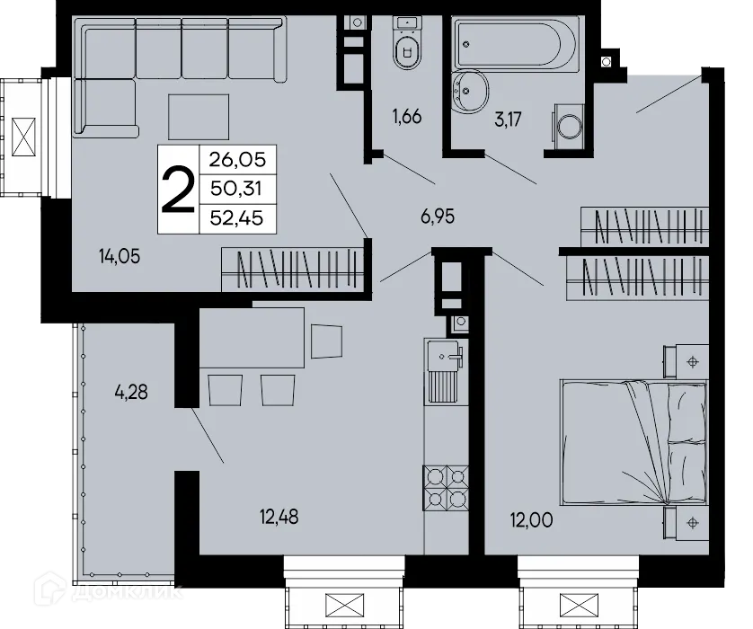 Планировка 2-комнатной квартиры 52.45 м² в "Эпос", г. Майкоп — фото 1