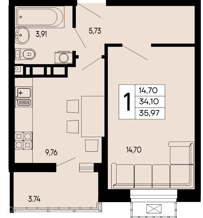 Планировка 1-комнатной квартиры 35.97 м² в "Эпос", г. Майкоп — фото 1