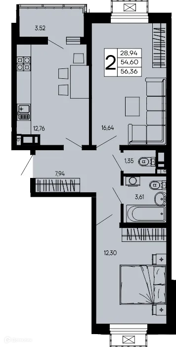 Планировка 2-комнатной квартиры 56.36 м² в "Эпос", г. Майкоп — фото 1