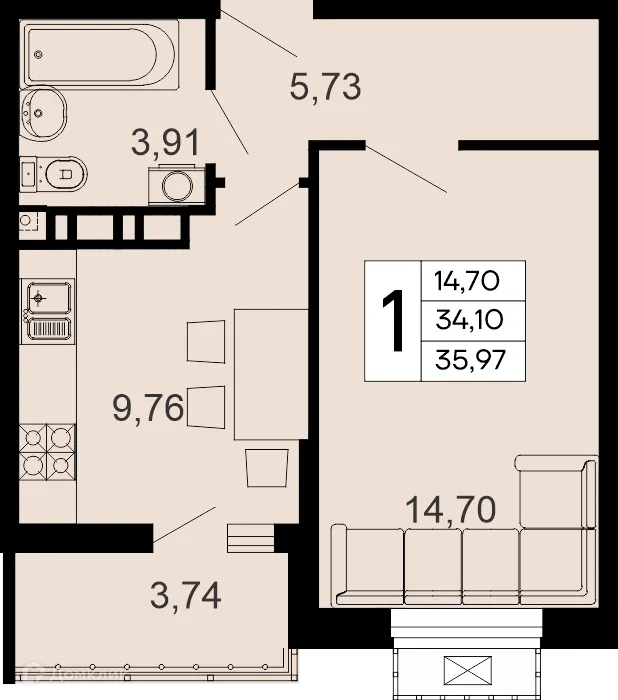 Планировка 1-комнатной квартиры 35.97 м² в "Эпос", г. Майкоп — фото 1