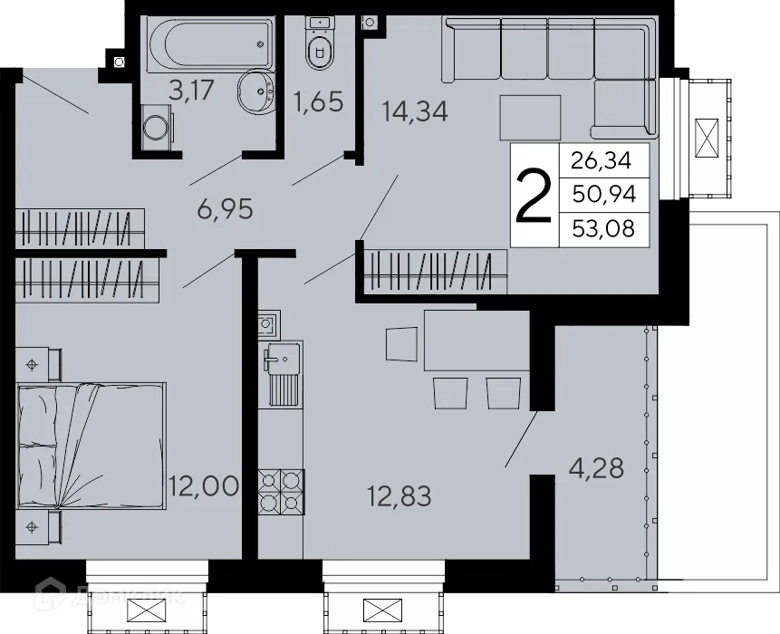 Планировка 2-комнатной квартиры 53.08 м² в "Эпос", г. Майкоп — фото 1