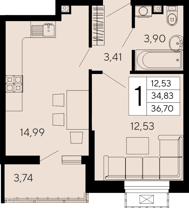 Планировка 1-комнатной квартиры 36.7 м² в "Эпос", г. Майкоп — фото 1
