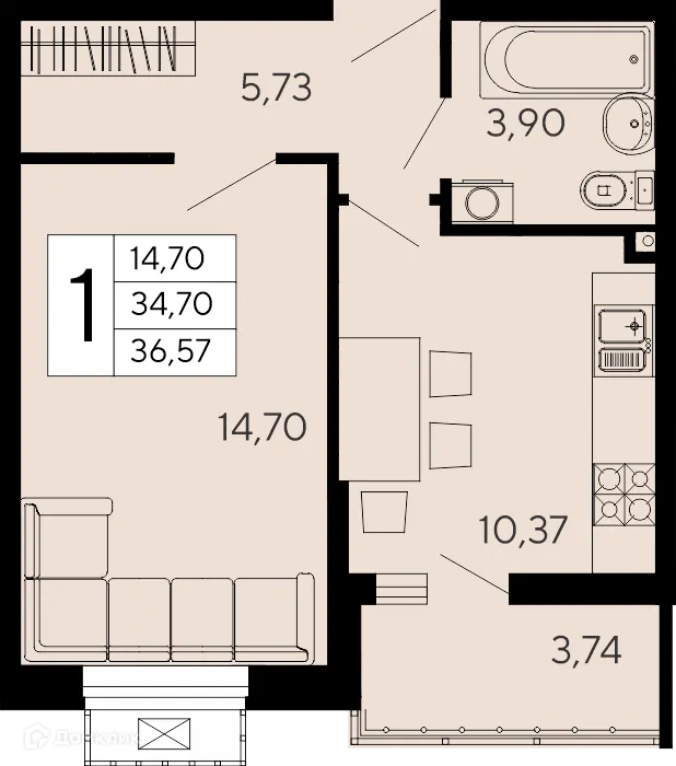 Планировка 1-комнатной квартиры 36.57 м² в "Эпос", г. Майкоп — фото 1