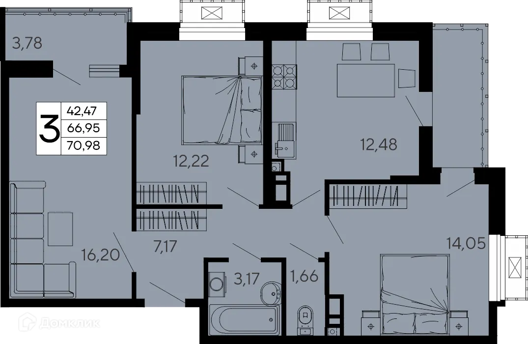 Планировка 3-комнатной квартиры 70.98 м² в "Эпос", г. Майкоп — фото 1