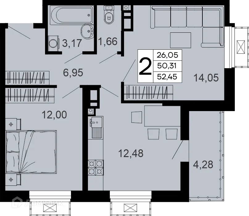 Планировка 2-комнатной квартиры 52.45 м² в "Эпос", г. Майкоп — фото 1