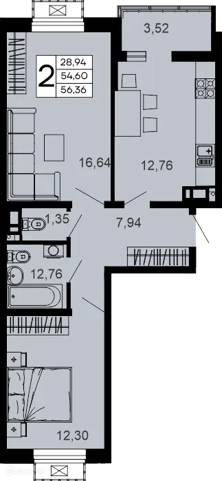 Планировка 2-комнатной квартиры 56.36 м² в "Эпос", г. Майкоп — фото 1