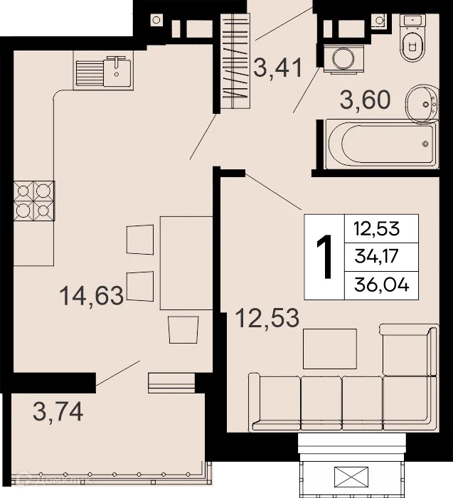 Планировка 1-комнатной квартиры 36.04 м² в "Эпос", г. Майкоп — фото 1
