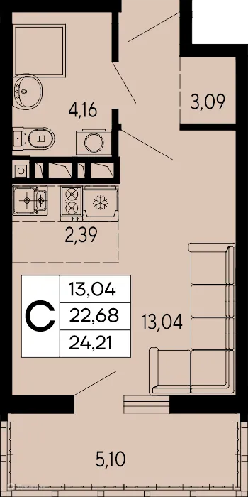 Планировка студии квартиры 24.21 м² в "Эпос", г. Майкоп — фото 1