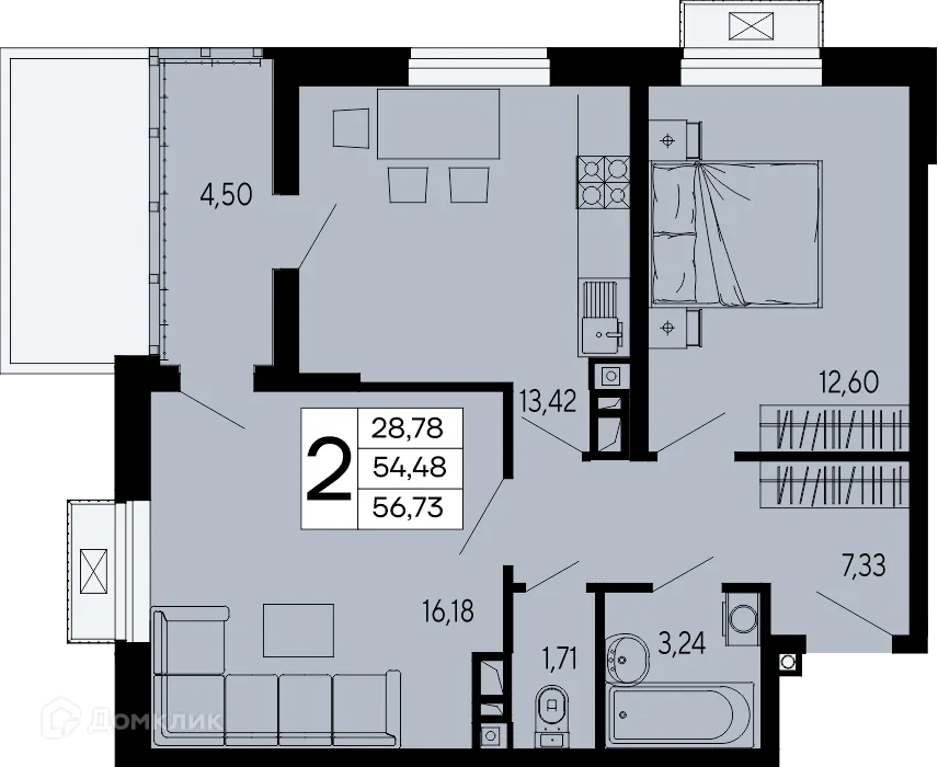 Планировка 2-комнатной квартиры 56.73 м² в "Эпос", г. Майкоп — фото 1