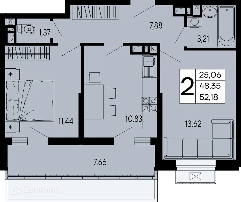 Планировка 2-комнатной квартиры 52.18 м² в "Эпос", г. Майкоп — фото 1