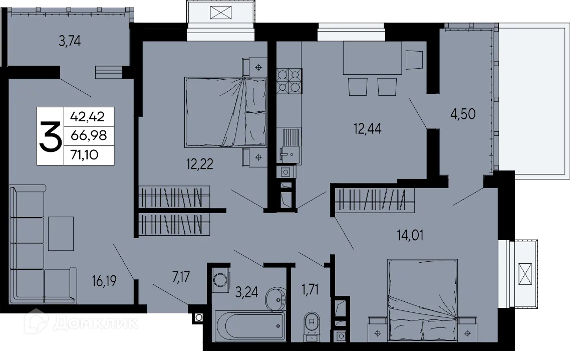 Планировка 3-комнатной квартиры 71.1 м² в "Эпос", г. Майкоп — фото 1