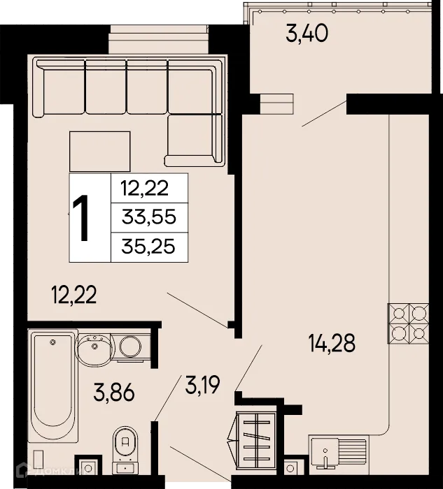 Планировка 1-комнатной квартиры 35.25 м² в "Эпос", г. Майкоп — фото 1