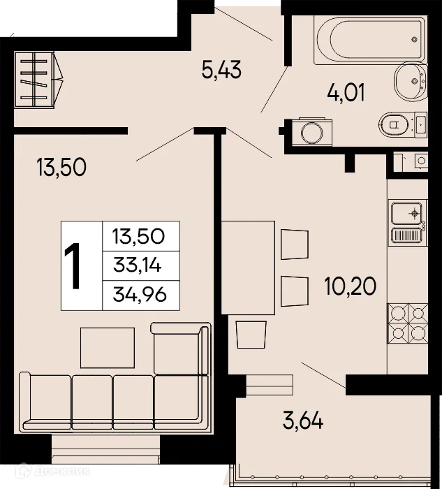 Планировка 1-комнатной квартиры 34.96 м² в "Эпос", г. Майкоп — фото 1
