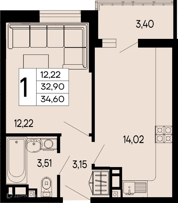 Планировка 1-комнатной квартиры 34.6 м² в "Эпос", г. Майкоп — фото 1
